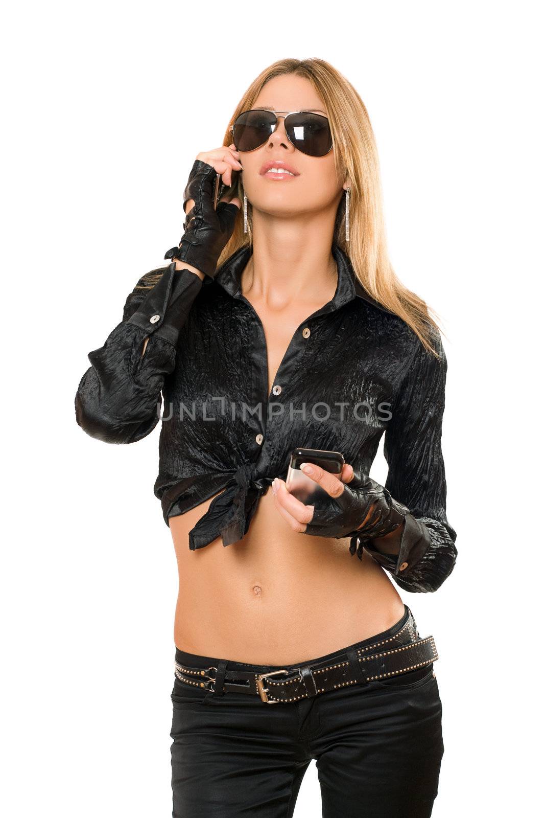 Portrait of beautiful young blonde with a two phones