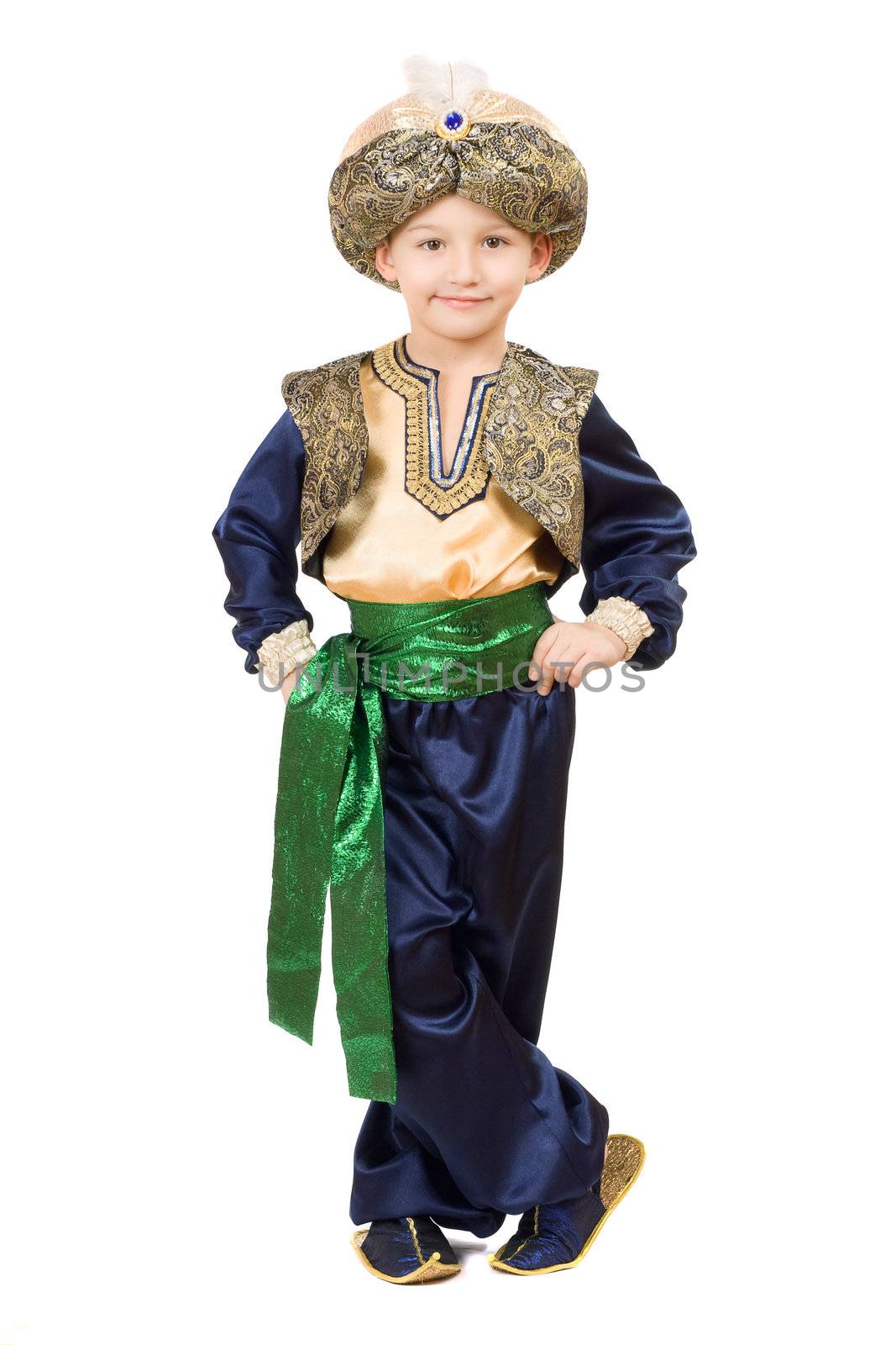 Boy wearing oriental costume.  Isolated on white background