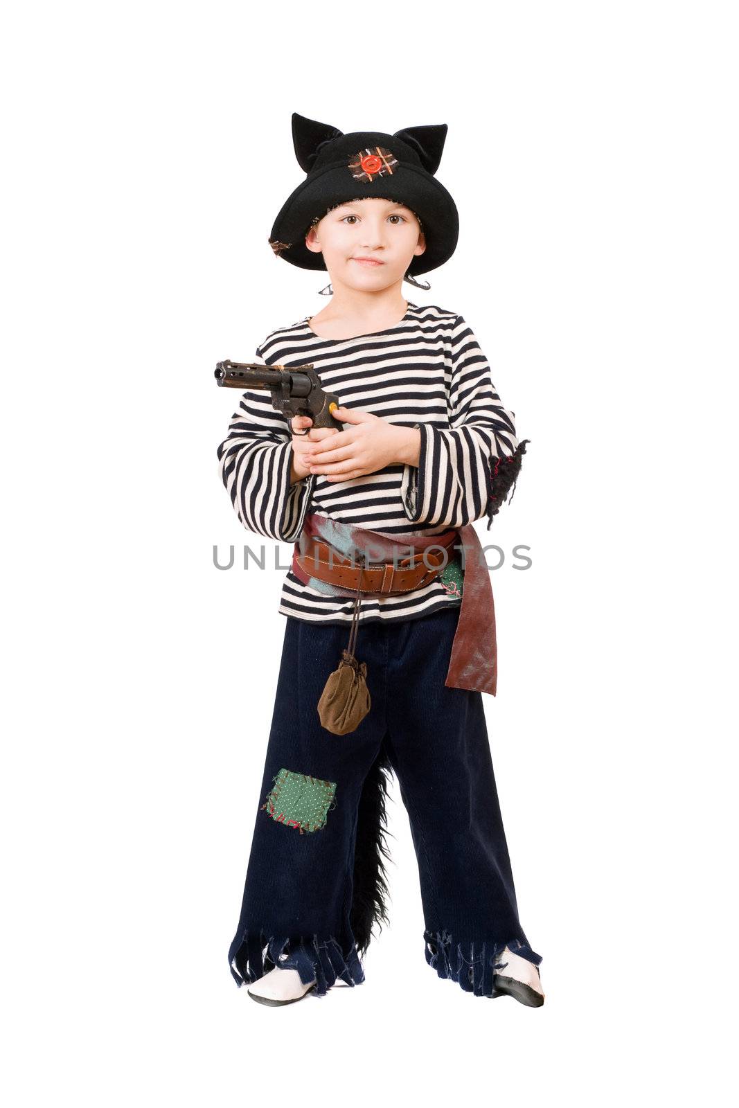 Boy with gun dressed as a pirate. Isolated