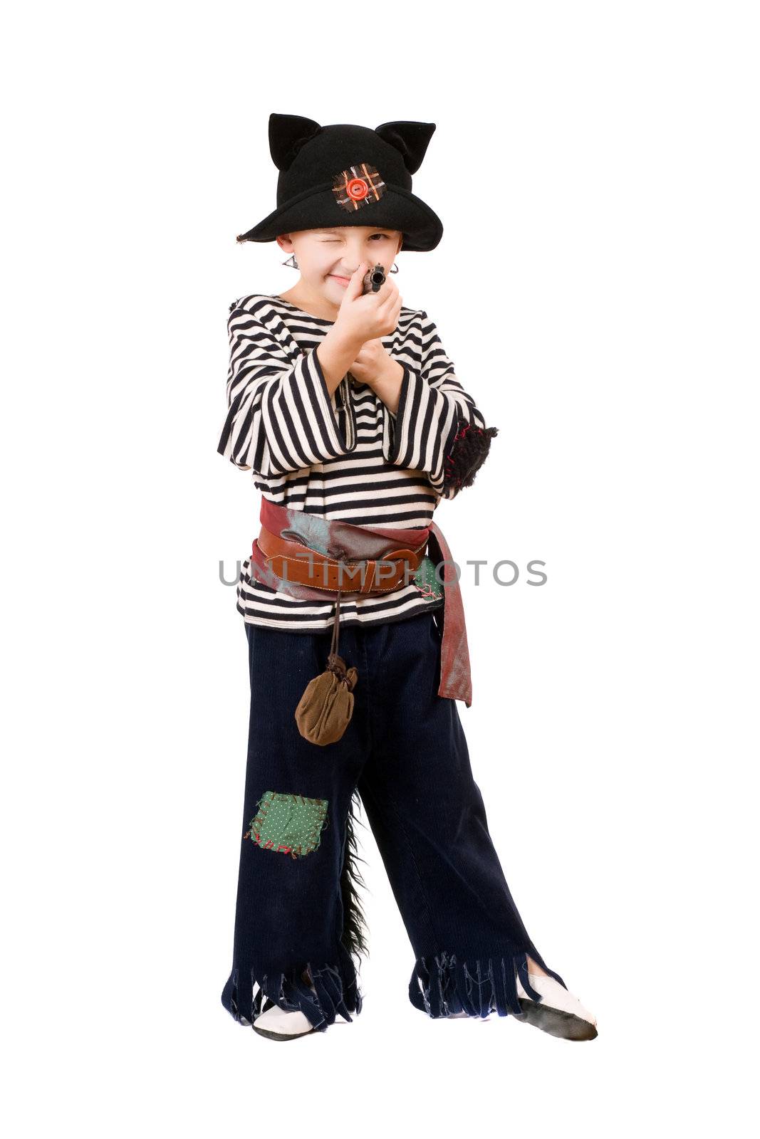 Boy with gun dressed as a pirate. Isolated on white