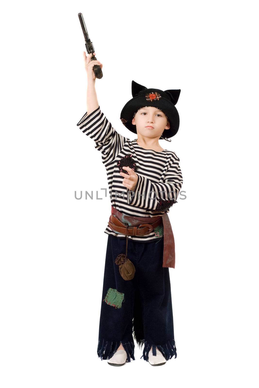 Little boy with gun dressed as a pirate. Isolated on white