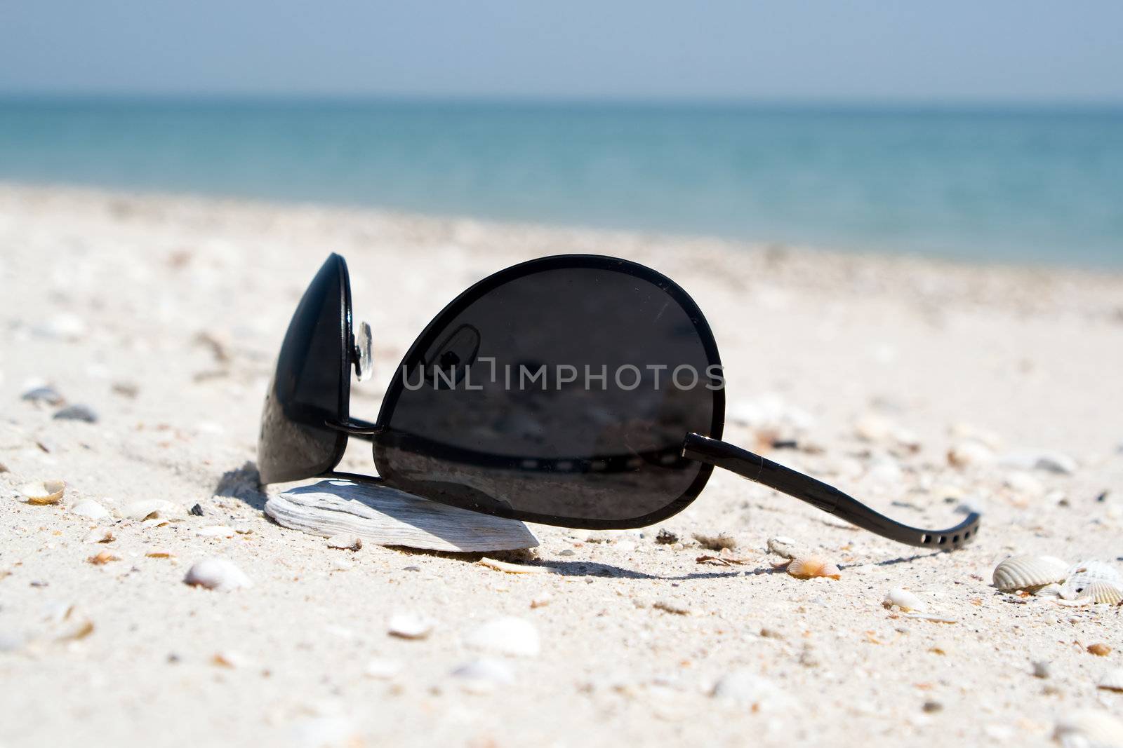 The black sunglasses lying on a beach