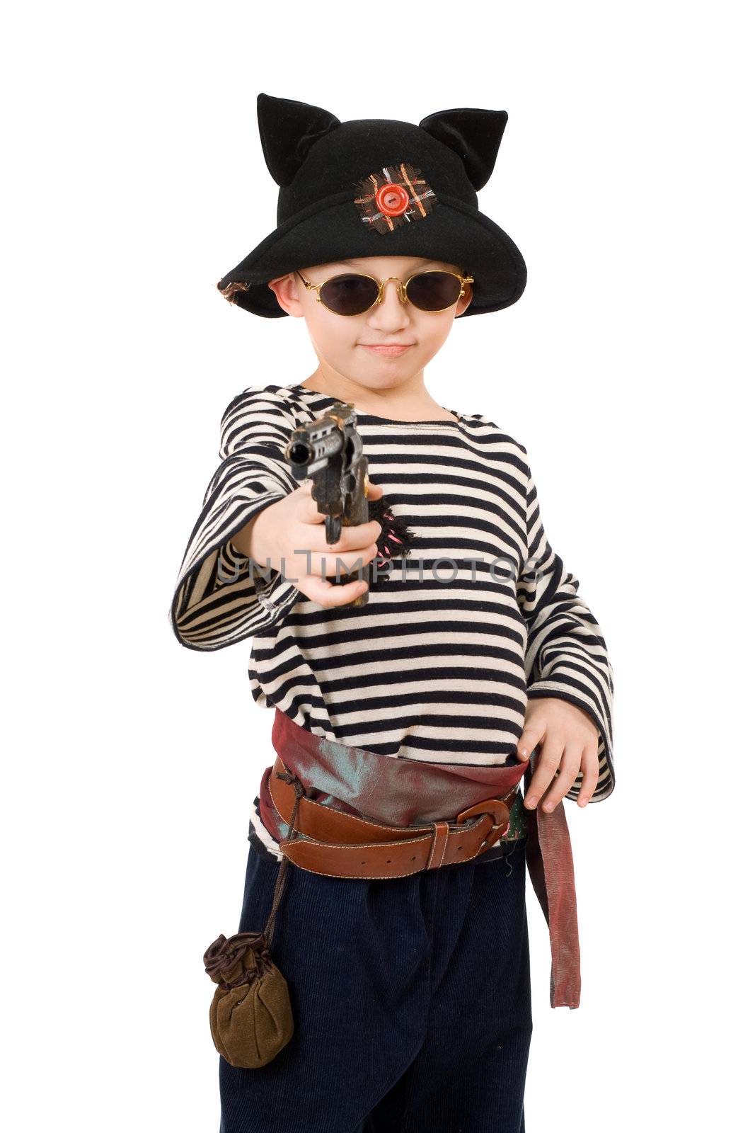 Portrait of a boy dressed as pirate. Isolated on white