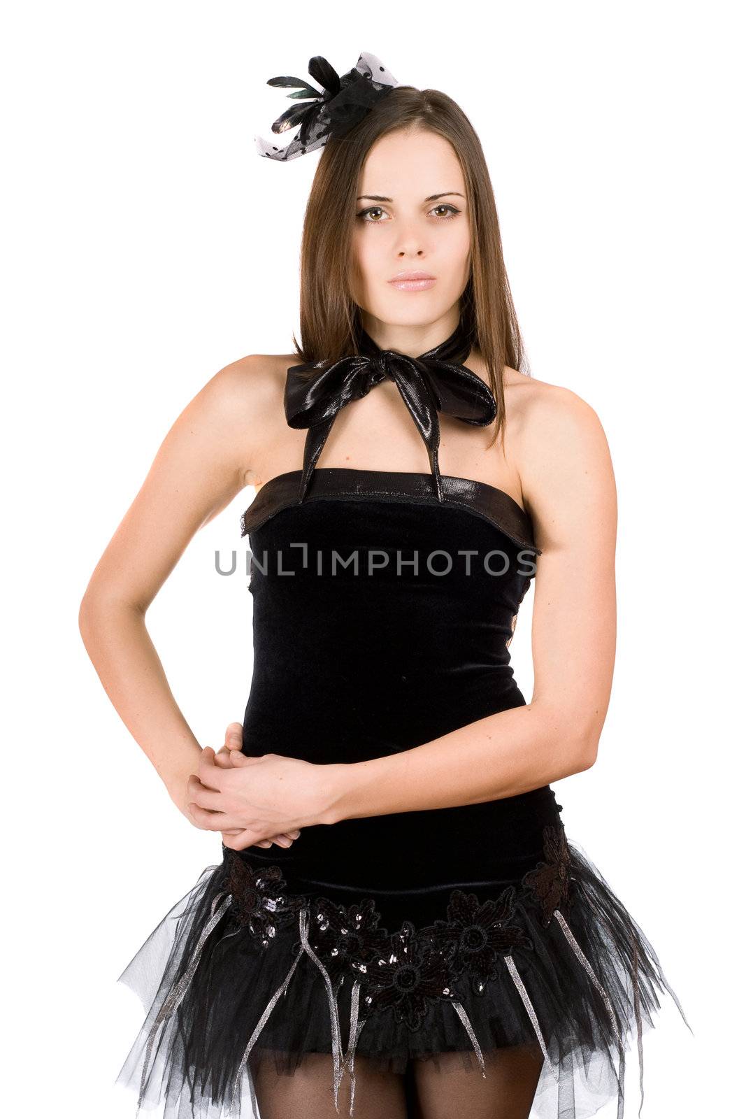Portrait of cute young woman in a short black dress
