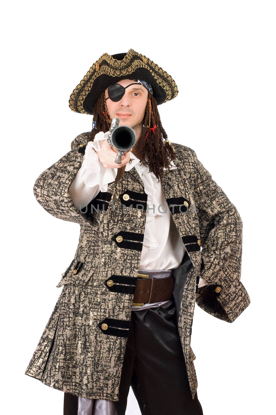 Portrait of man in a pirate costume with pistol. Isolated