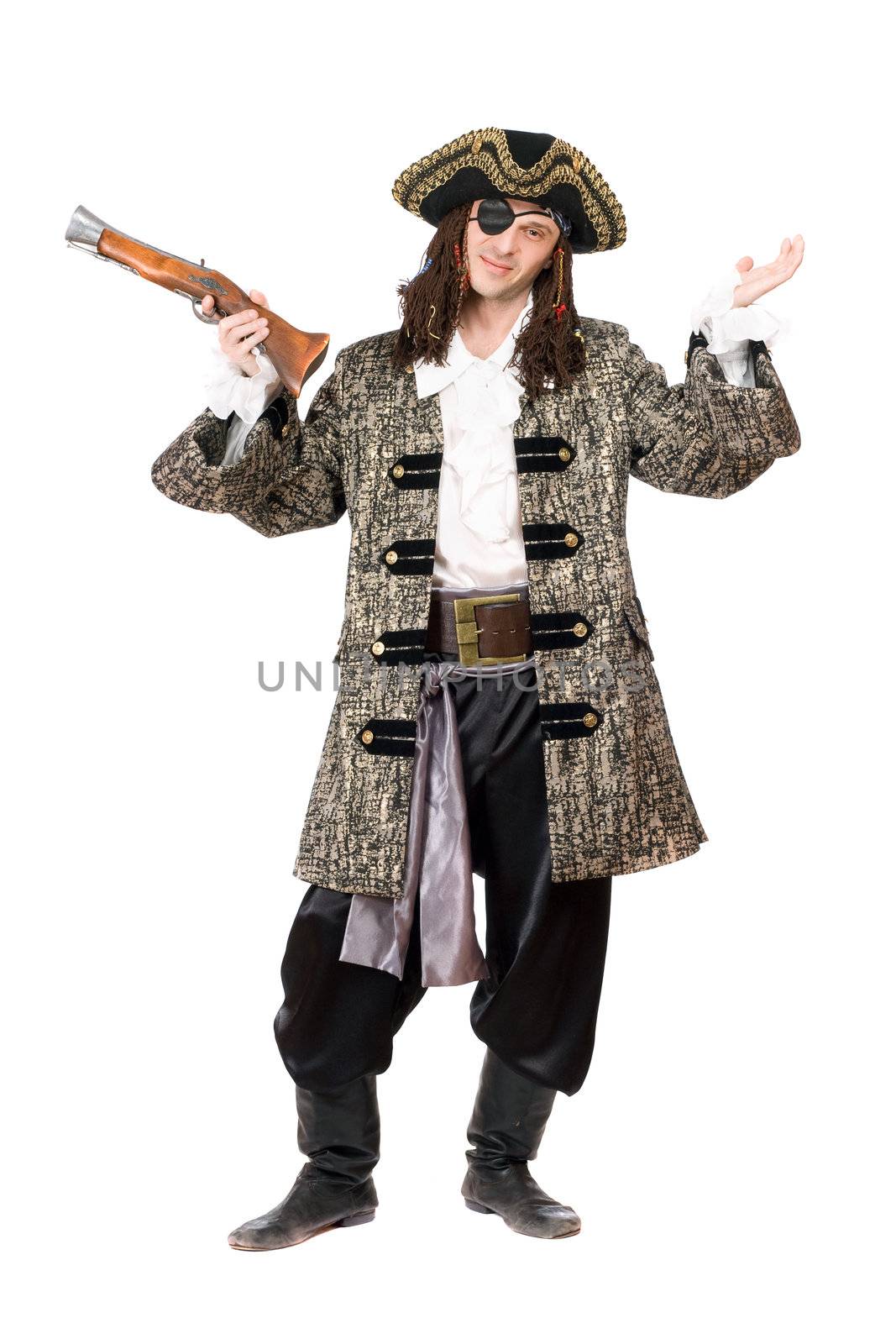 Expressive pirate with a pistol in hand