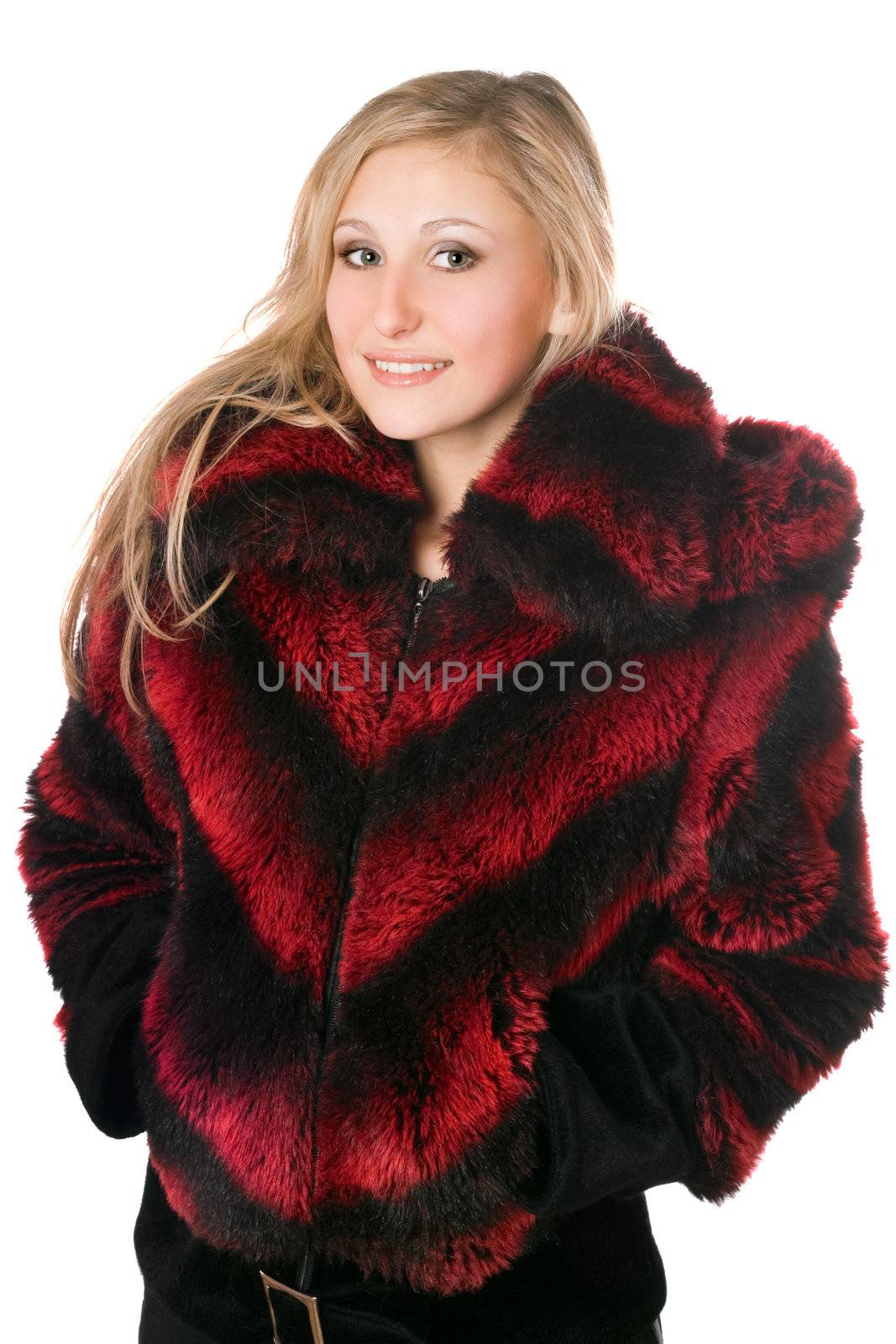 Portrait of joyful blond woman in fur jacket by acidgrey