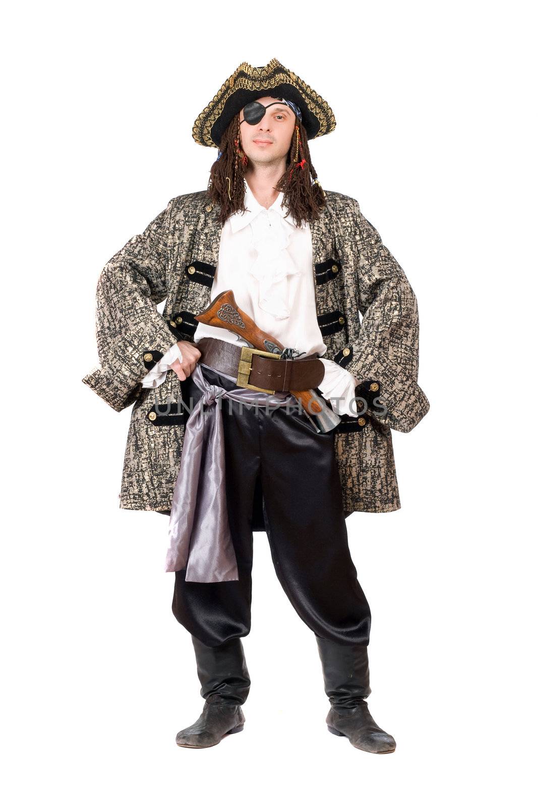 Man dressed as pirate. Isolated on white