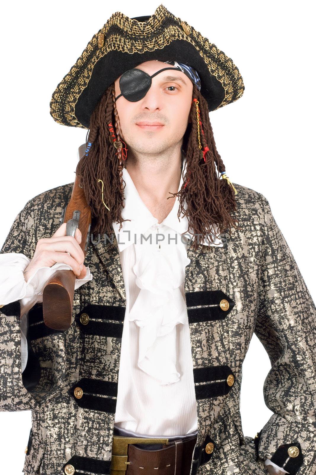 Portrait of man dressed as pirate. Isolated