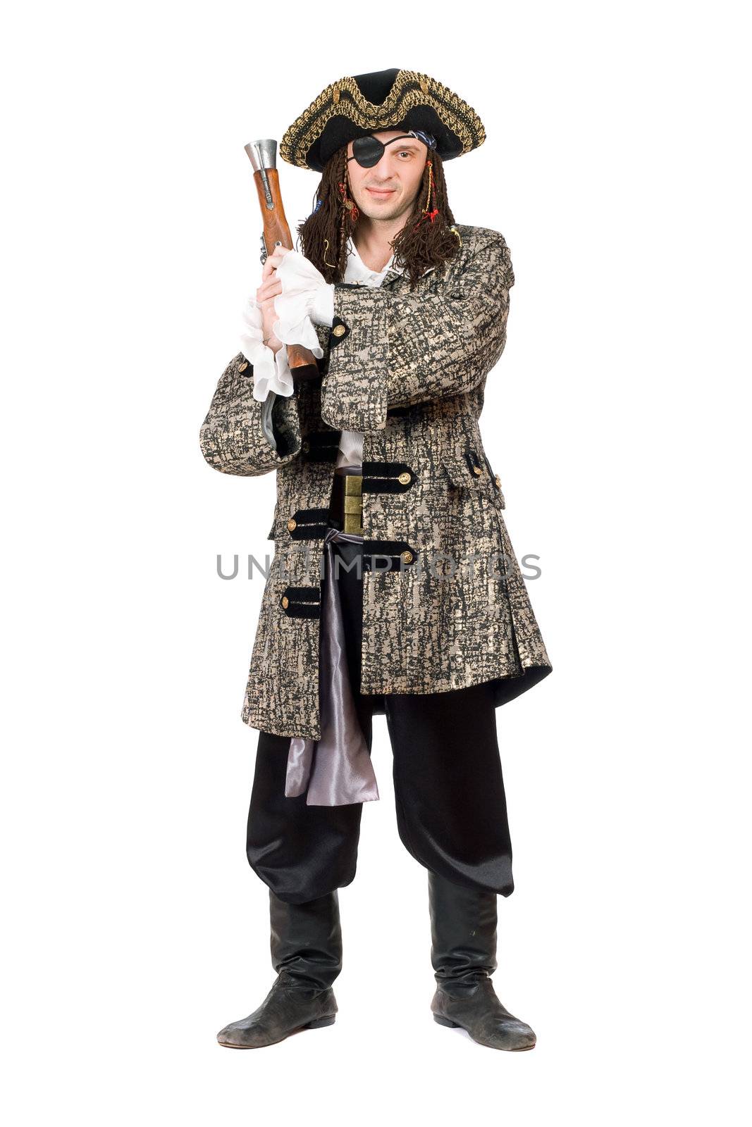 Pirate with a pistol in hand. Isolated on white