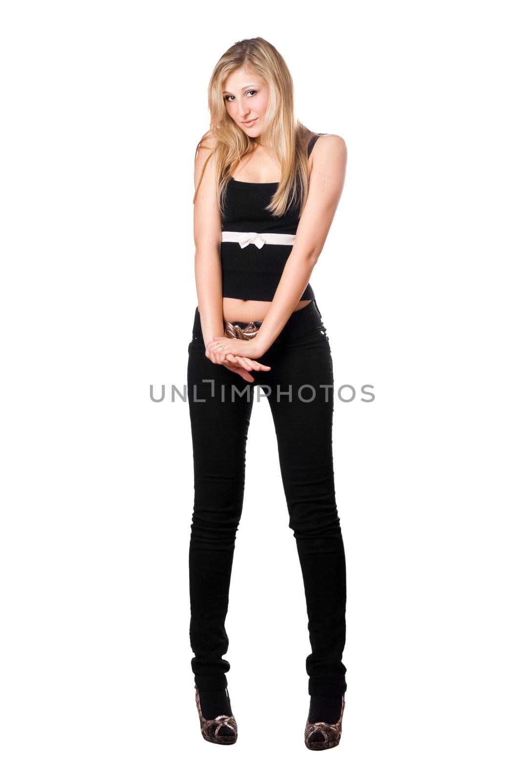 Playful blond woman in black clothes. Isolated on white