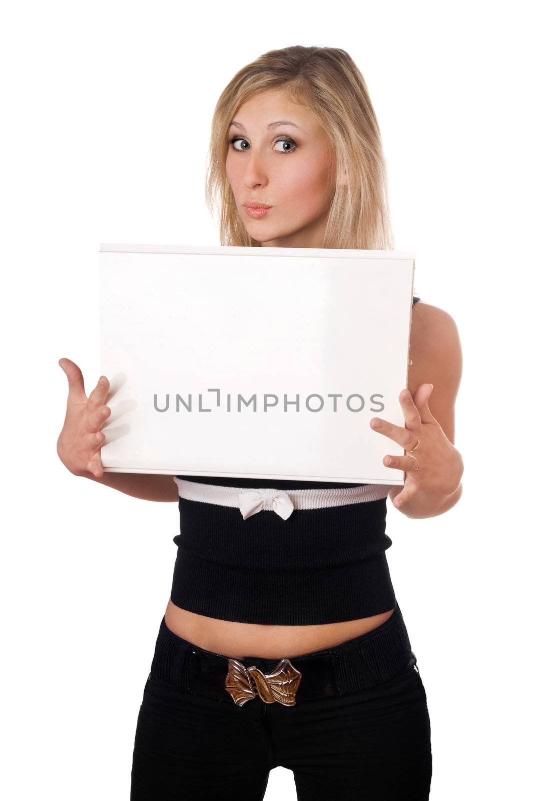 Young surprised blonde holding white board. Isolated on white