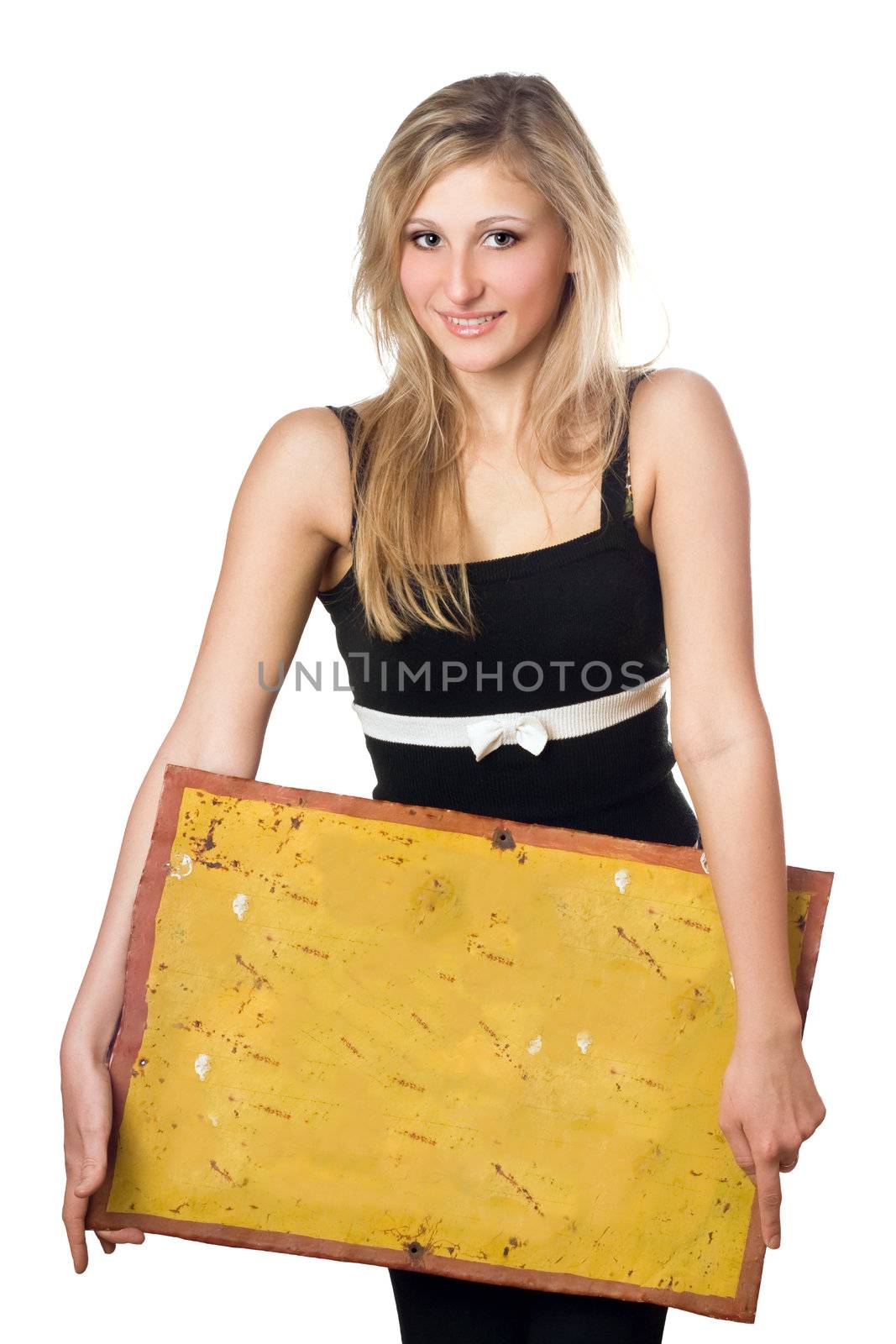 Young blonde posing with yellow vintage board. Isolated
