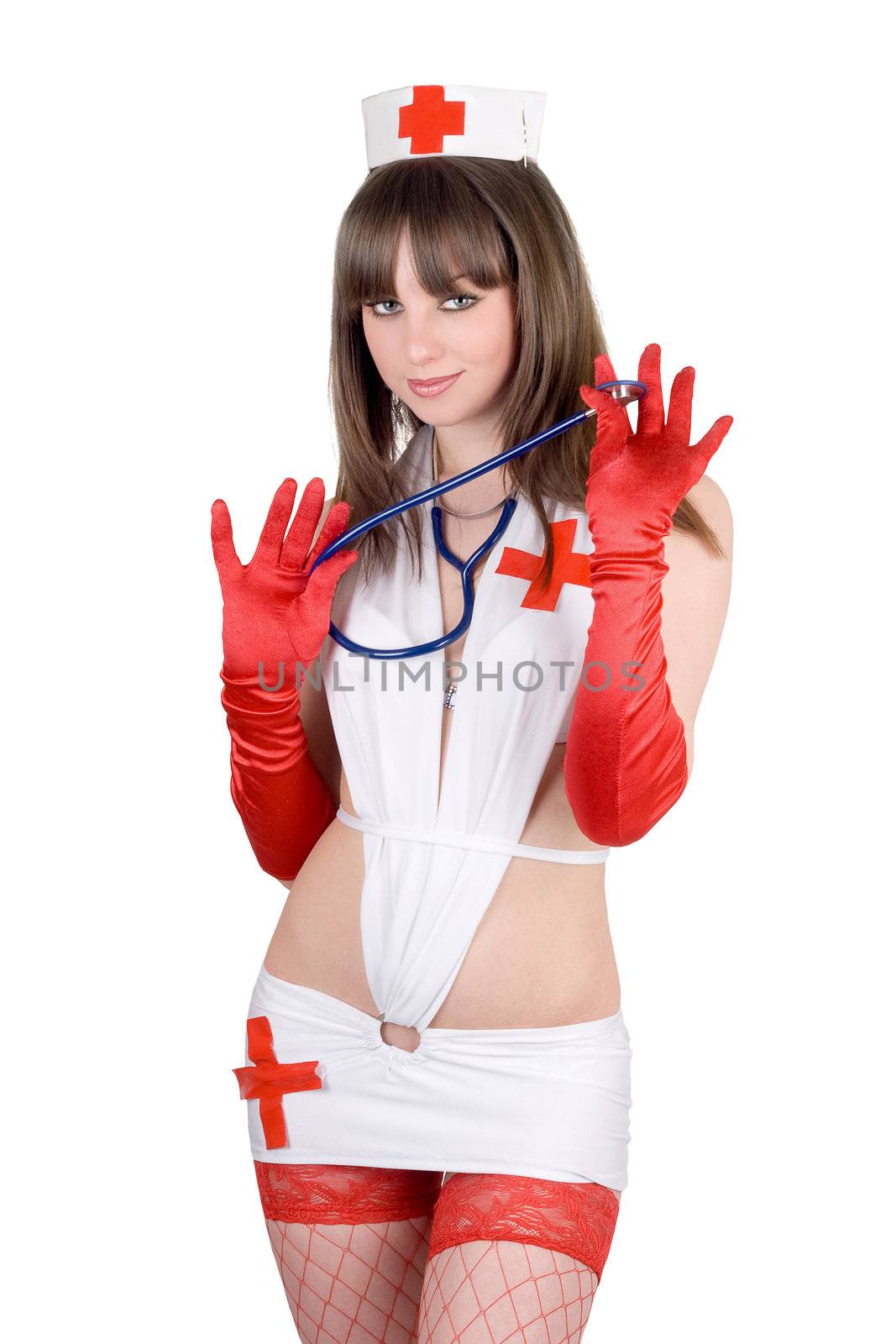 Sexy nurse with a stethoscope. Isolated on white by acidgrey