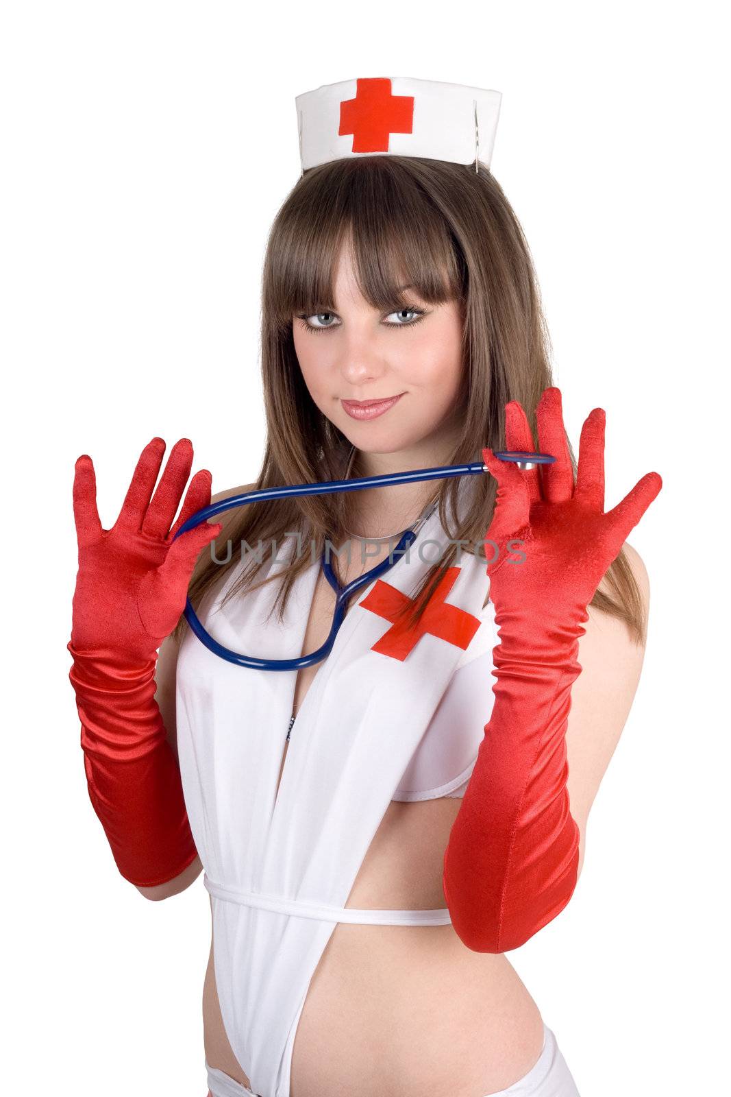 Portrait of the sexy nurse with a stethoscope. Isolated by acidgrey