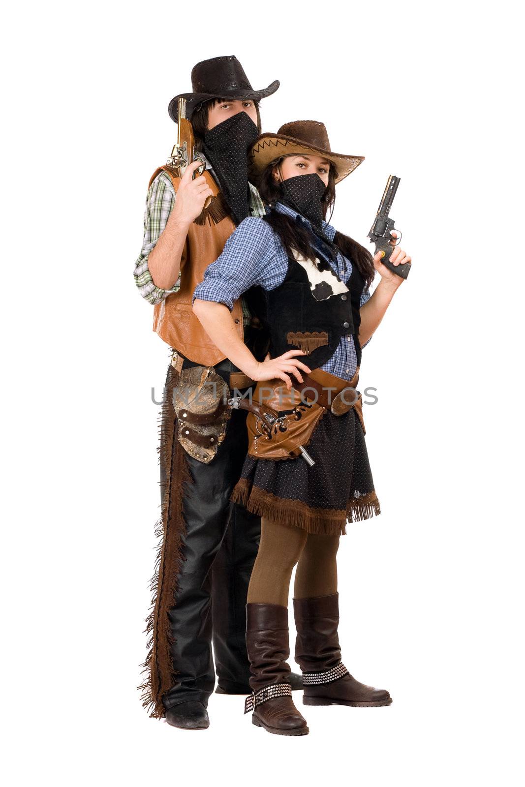 Couple of armed robbers in cowboy costumes. Isolated on white