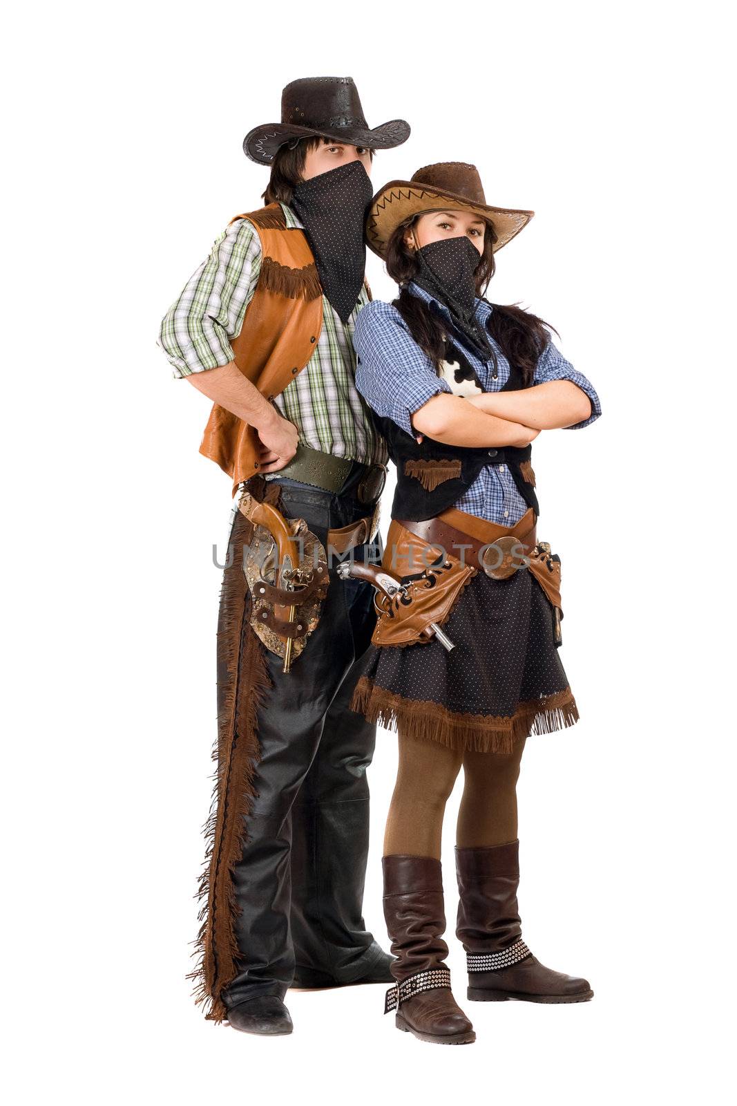 Couple of burglars in cowboy costumes. Isolated