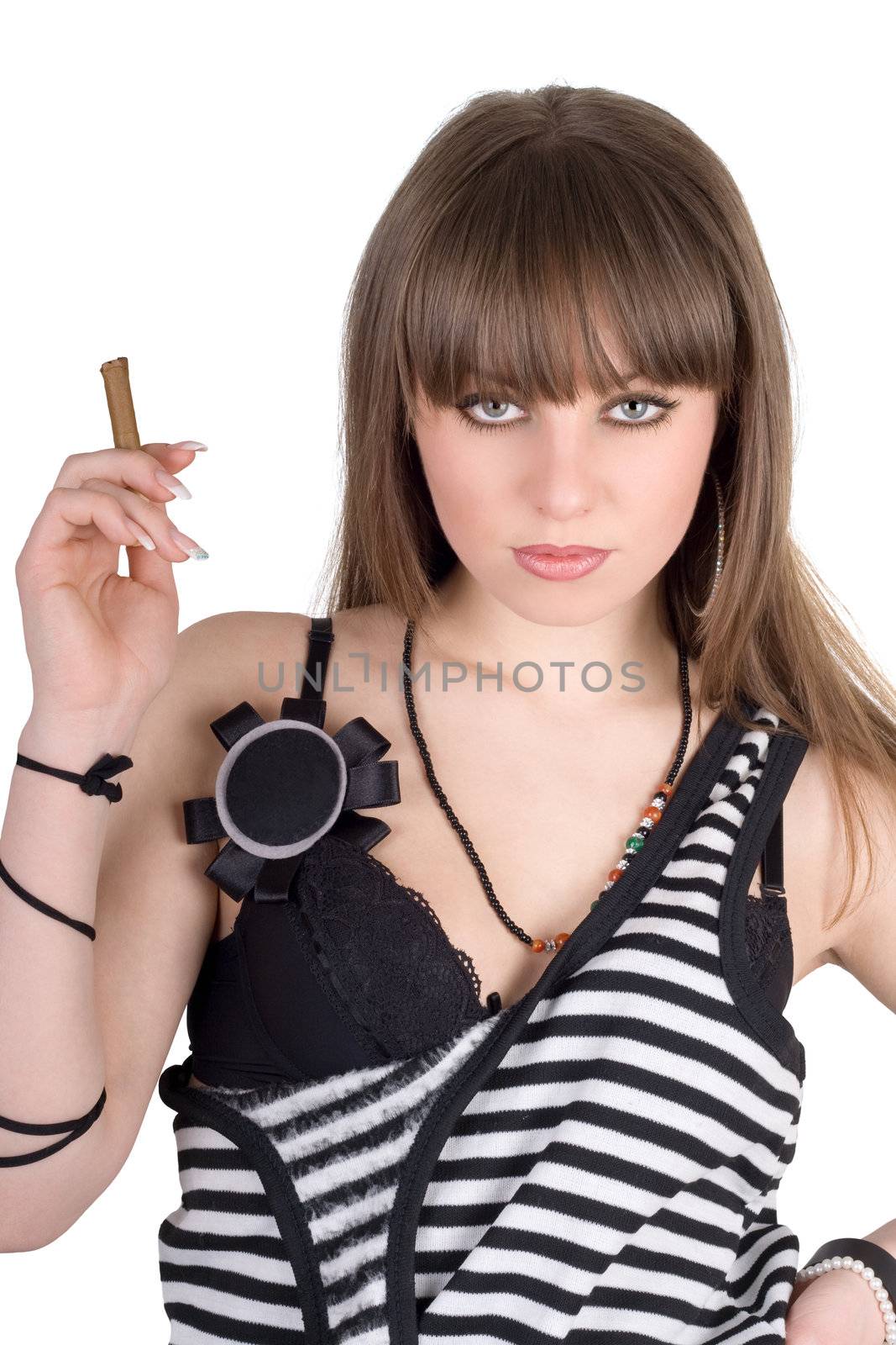 Portrait of the girl in a striped dress with a cigar