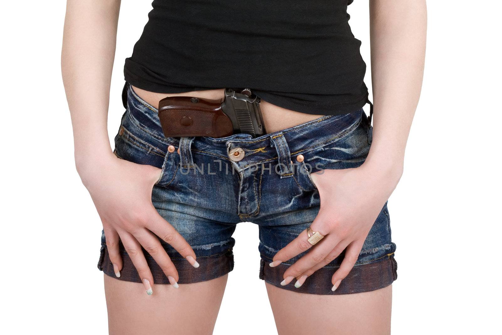 Young woman with pistol. Isolated on white