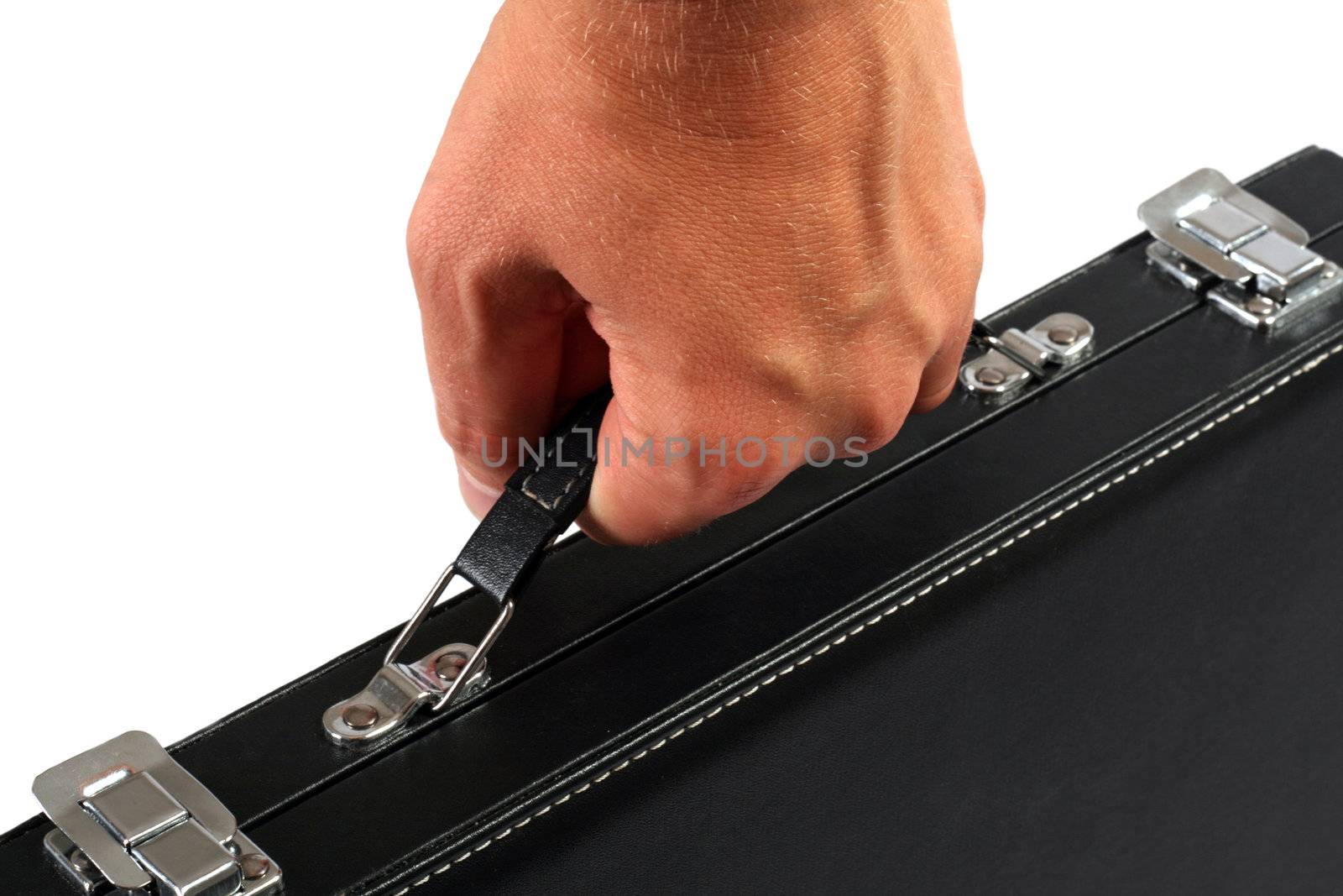 Hand with a black suitcase. Isolated on white background