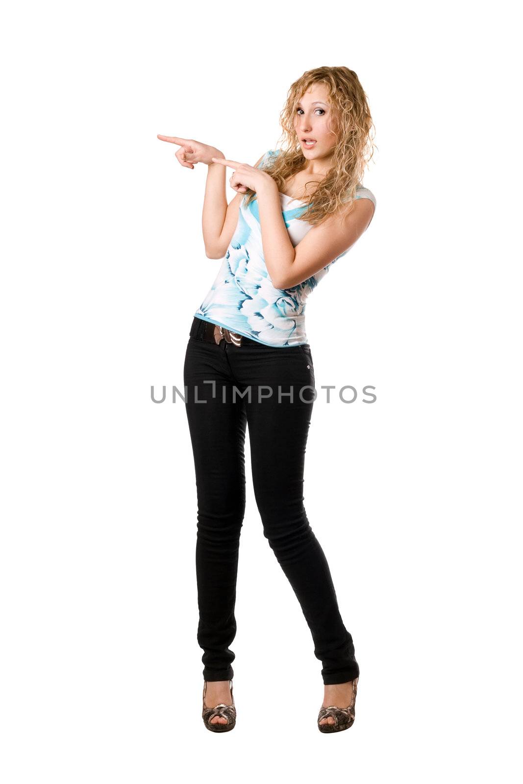 Playful young blonde showing the way. Isolated on white