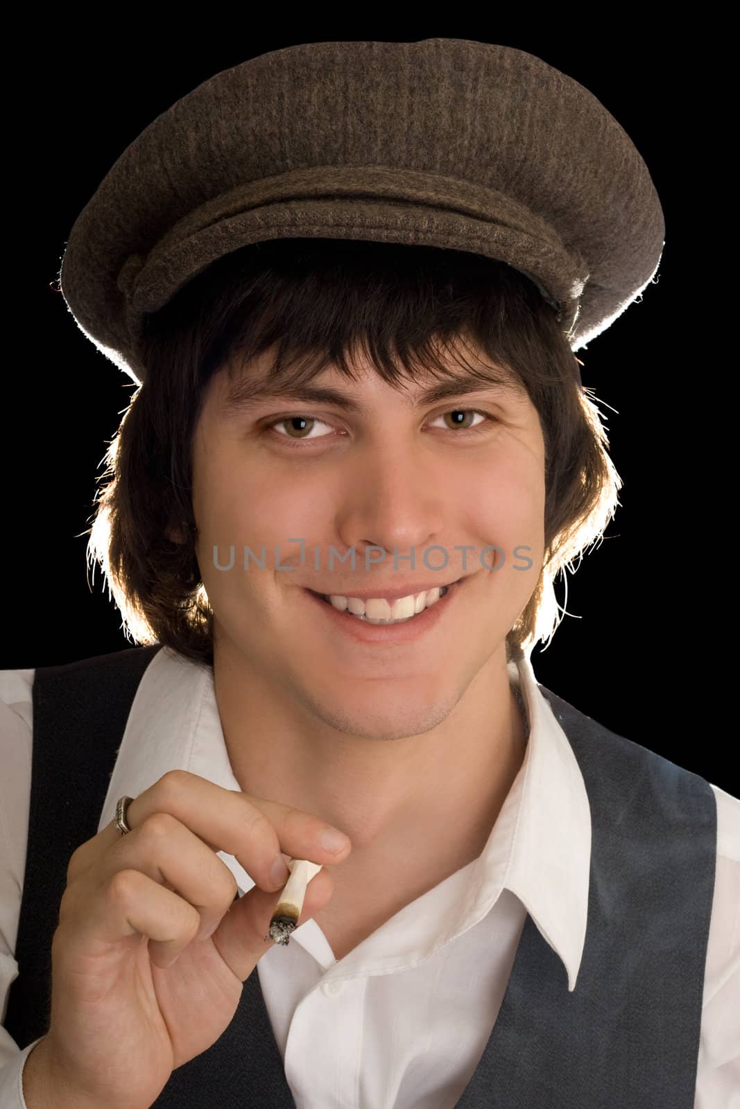 Portrait of a marry man with a cigarette. Isolated on black