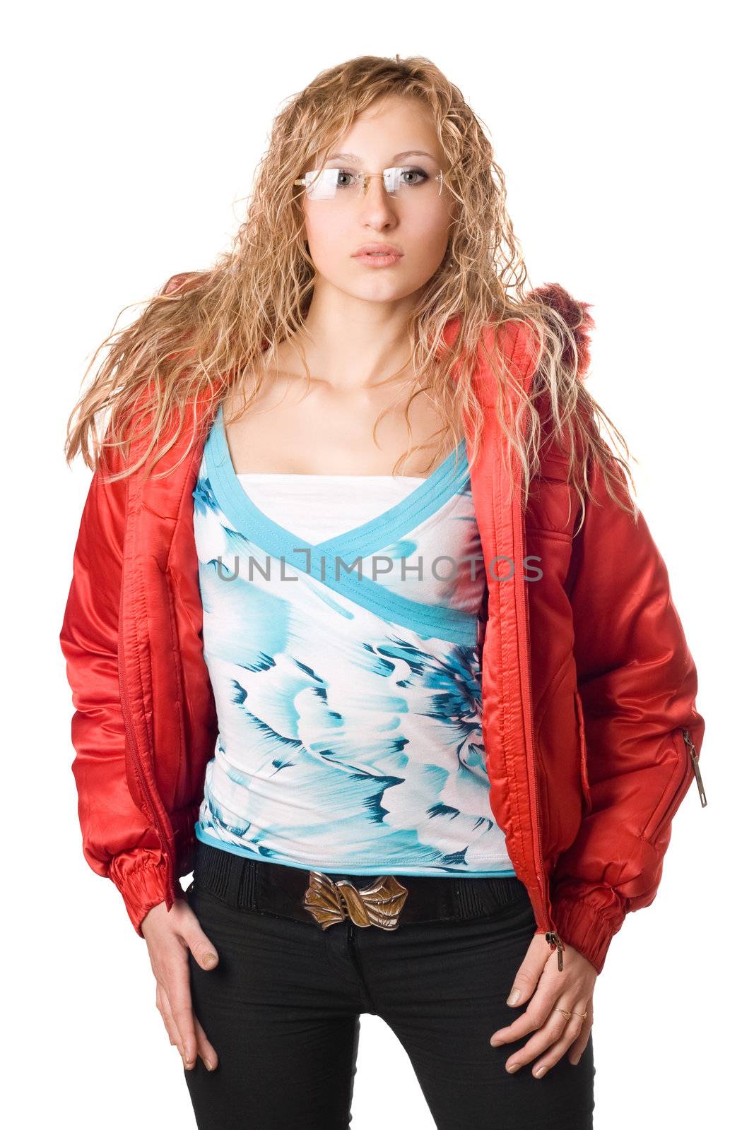 Young blonde wearing glasses in red jacket. Isolated