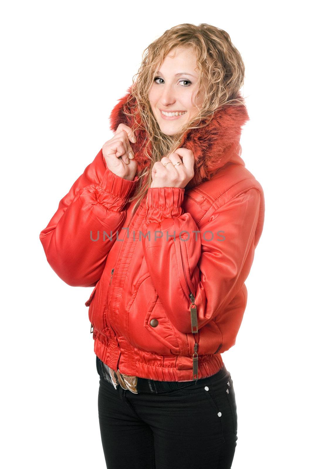 Pretty joyful blonde in red jacket with hood. Isolated on white