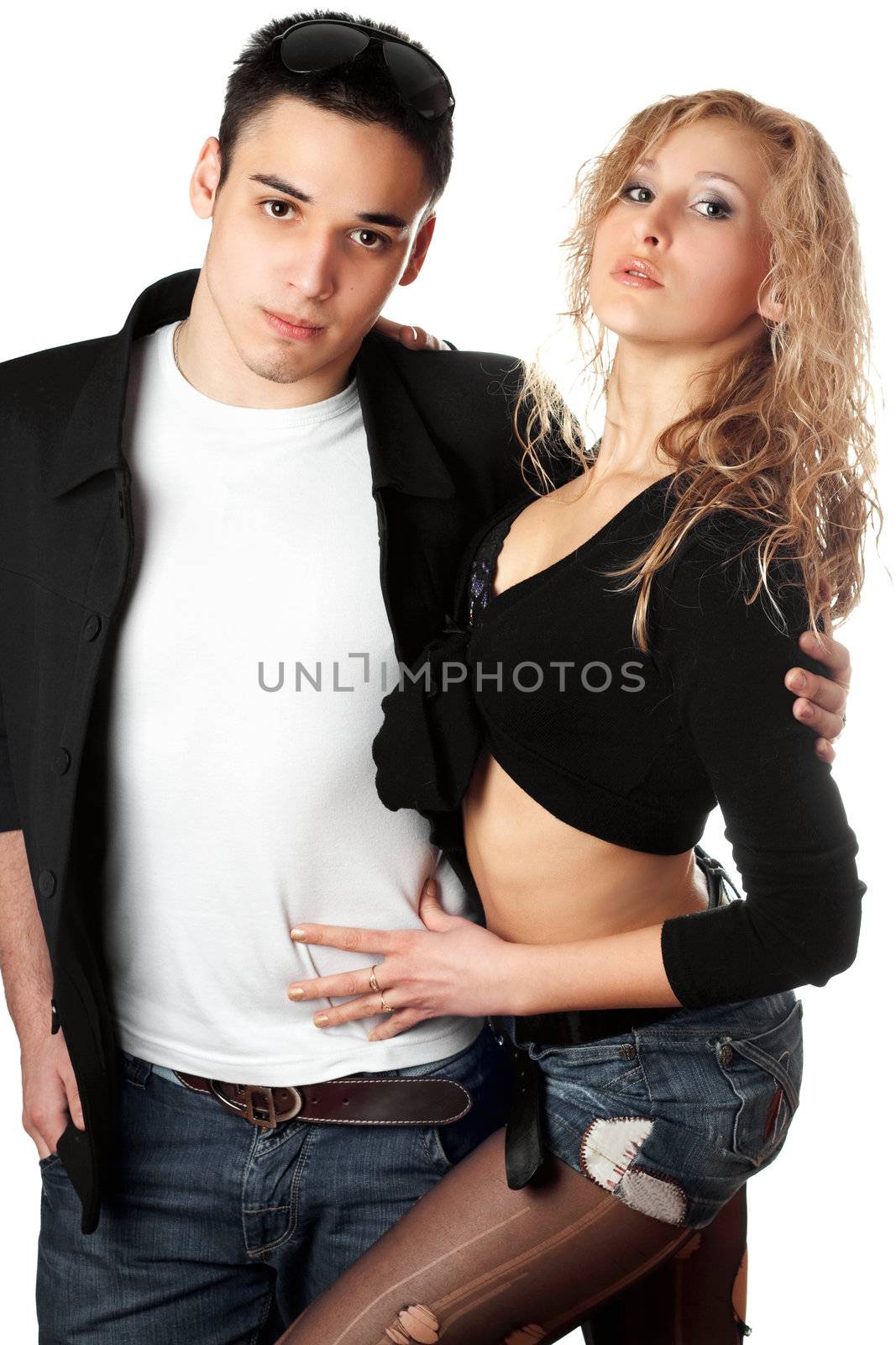 Portrait of beautiful young couple. Isolated on white