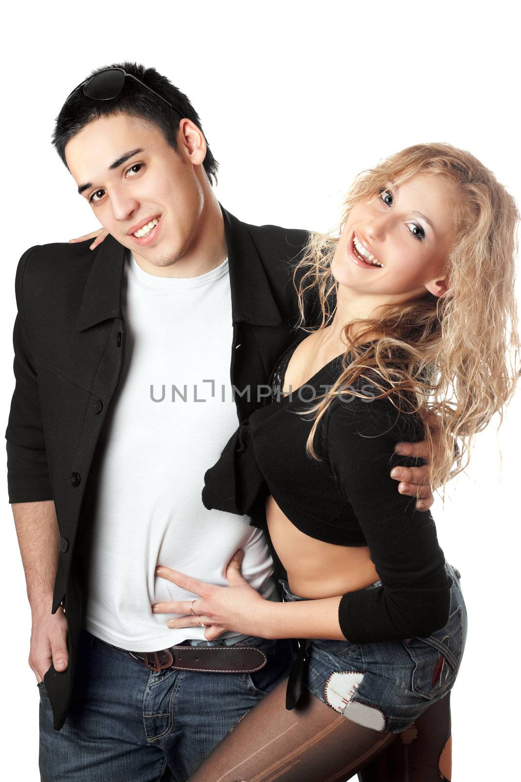 Portrait of cheerful young couple. Isolated on white