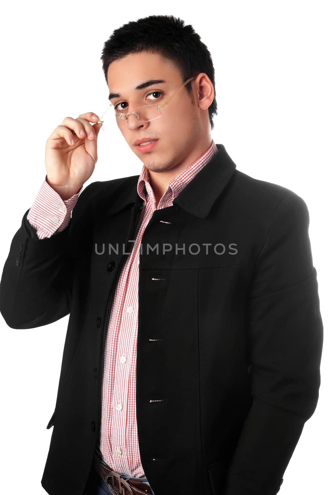 Young man in a black jacket and glasses. Isolated