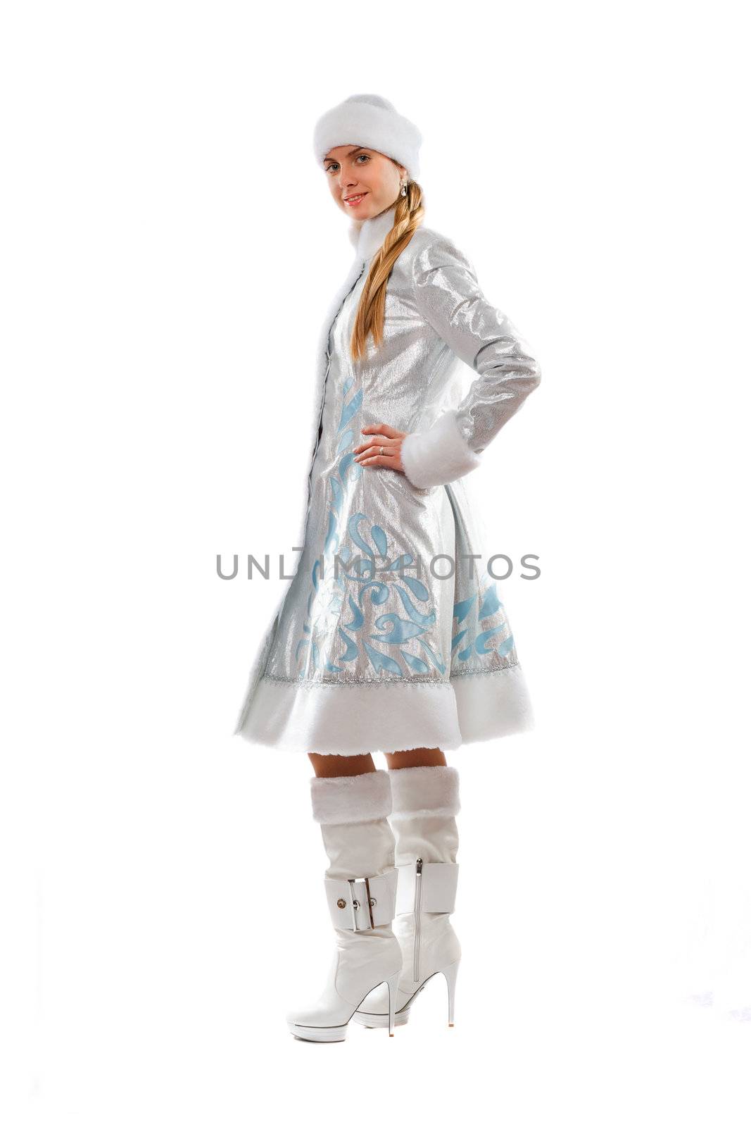 Charming Snow Maiden. Isolated on white background