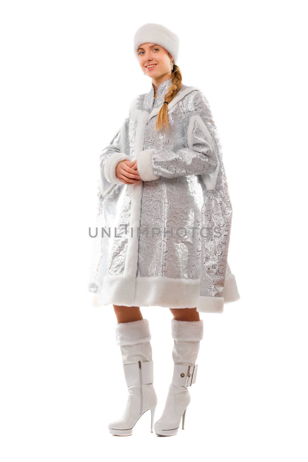 Charming smiling Snow Maiden. Isolated on white