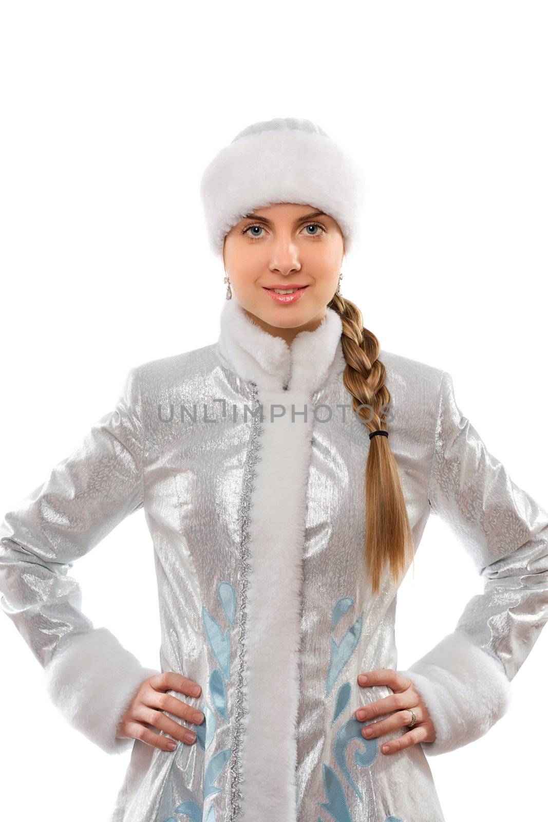 Portrait of a smiling attractive Snow Maiden. Isolated on white