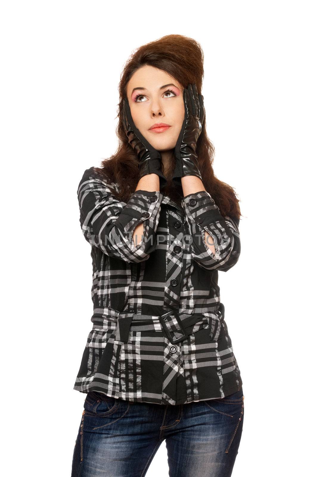 Portrait of pensive young woman in a checkered  jacket