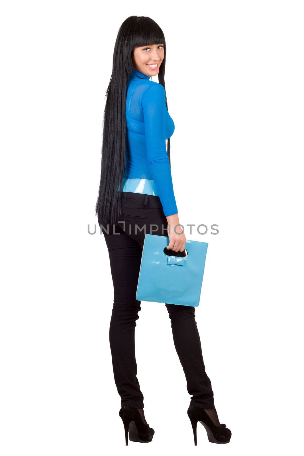 Pretty girl with a blue handbag. Isolated