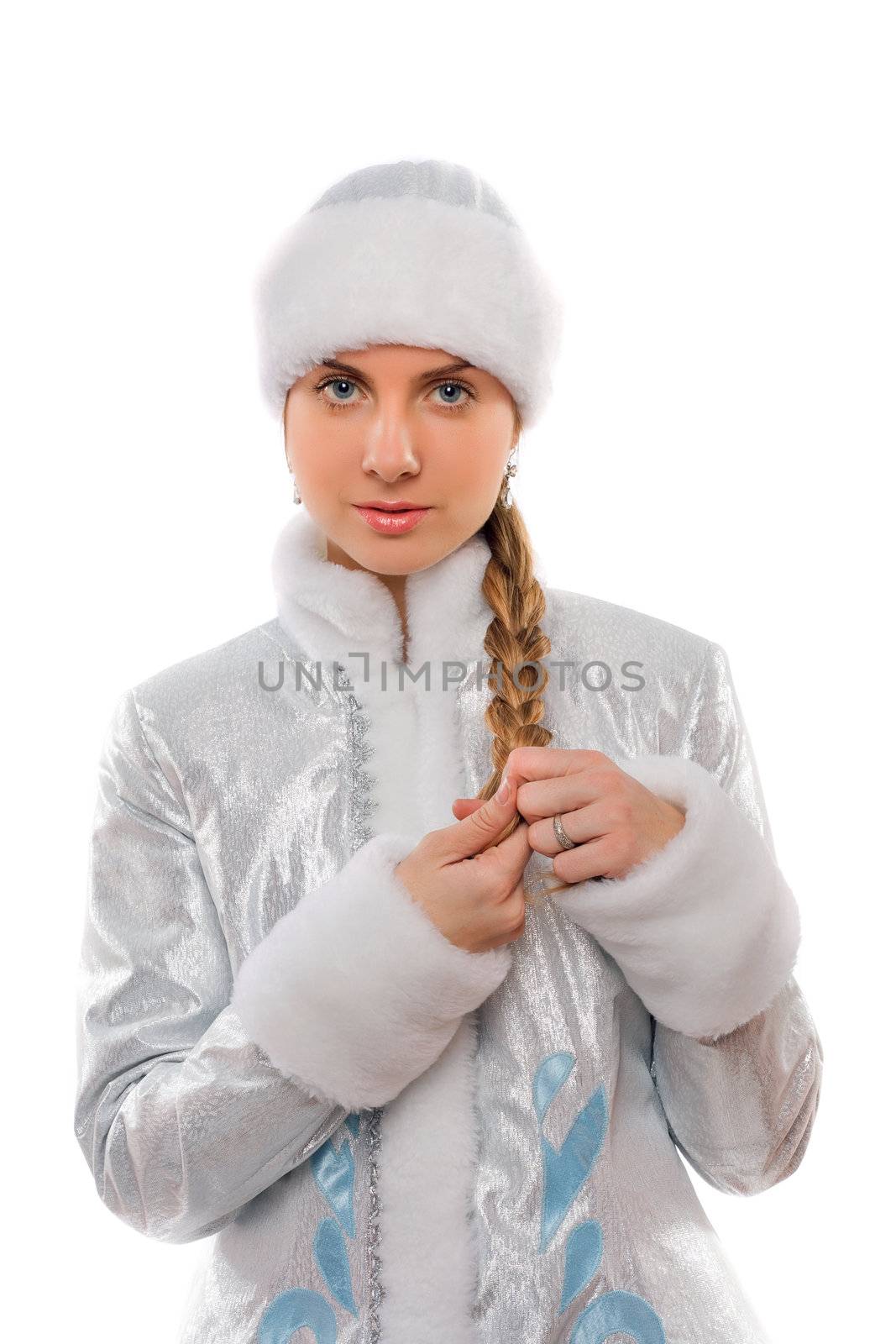 Portrait of a lovely Snow Maiden. Isolated on white