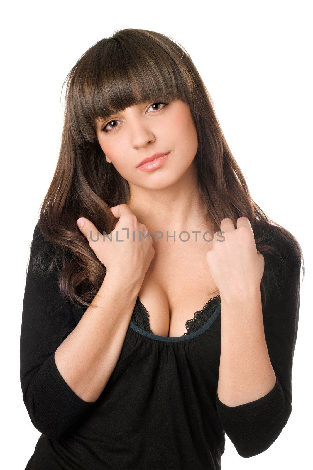 Portrait of hot caucasian woman in black. Isolated on white