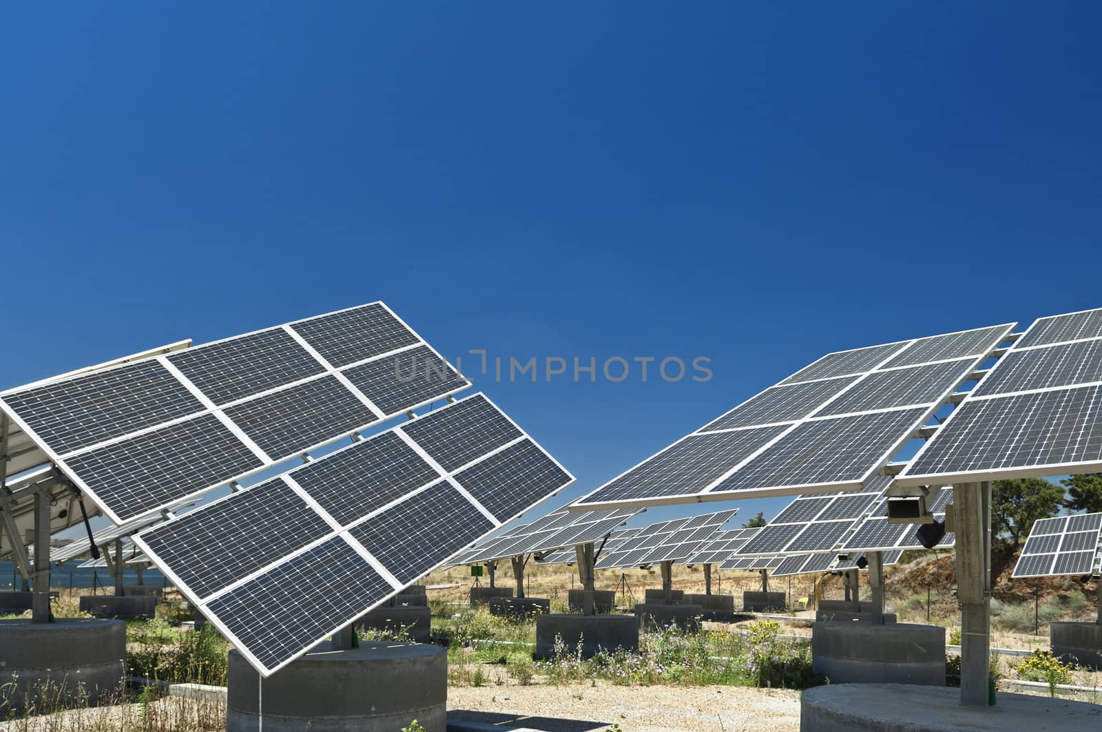 Photovoltaic silicon panels with tilted single axis track system in a small solar power plant, Portugal