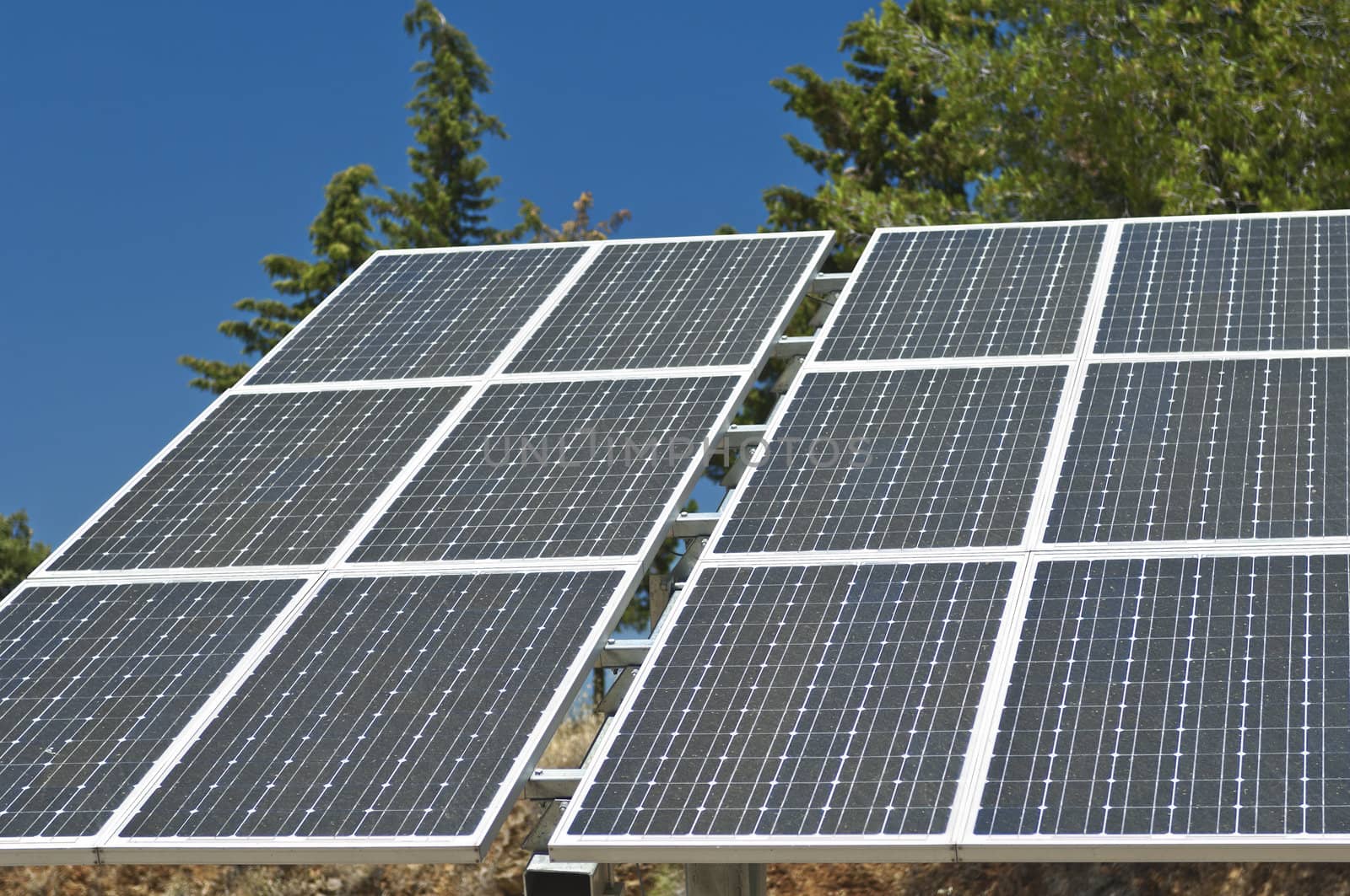 Photovoltaic silicon panels with tilted single axis track system in a small solar power plant, Portugal