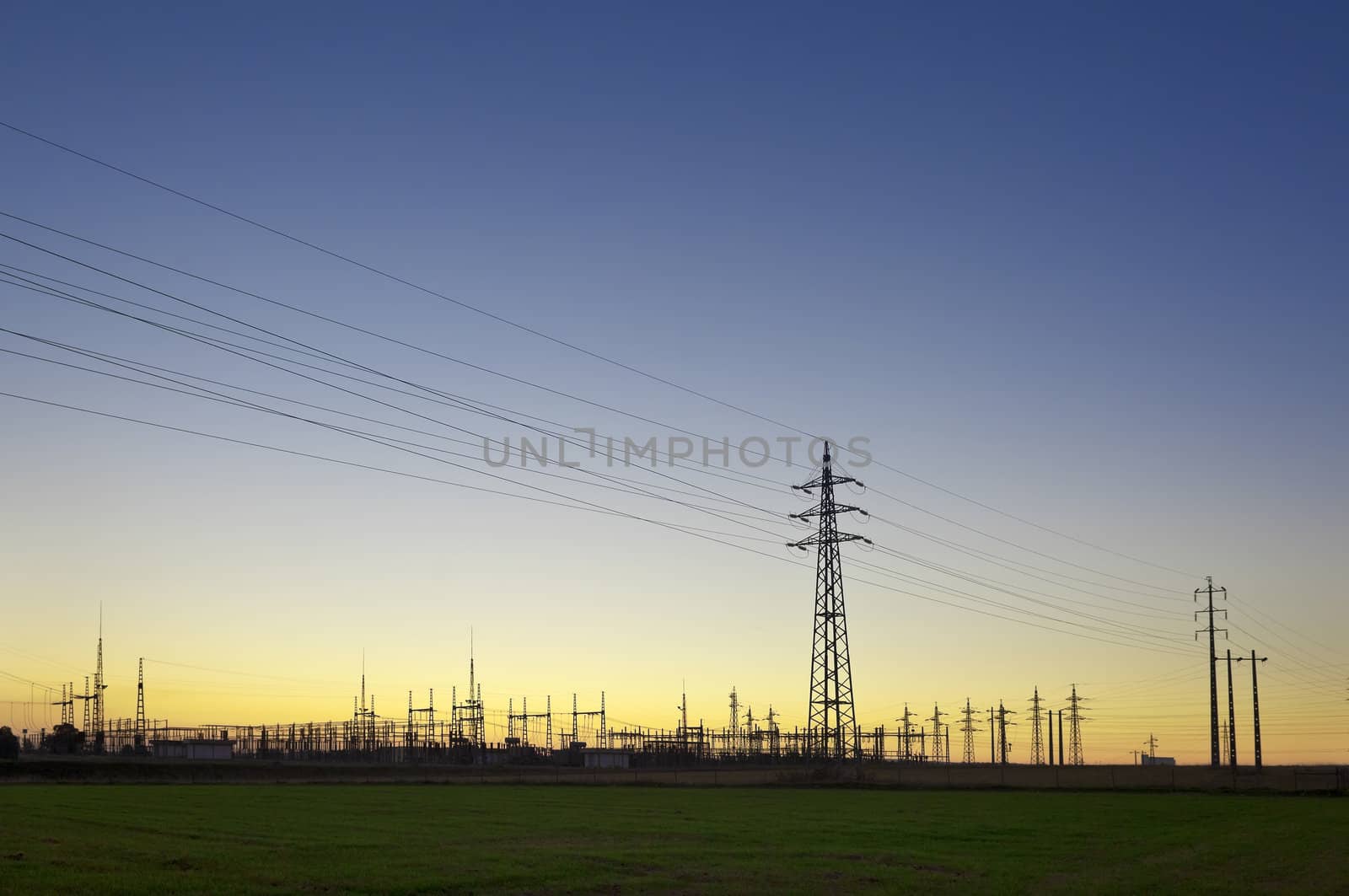General view of a power substation in the light of the sunset on the outskirts of Evora, Portugal