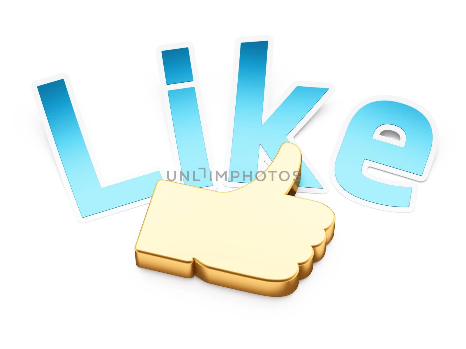 Paper 'Like' word with gold hand, 3d  render on white background
