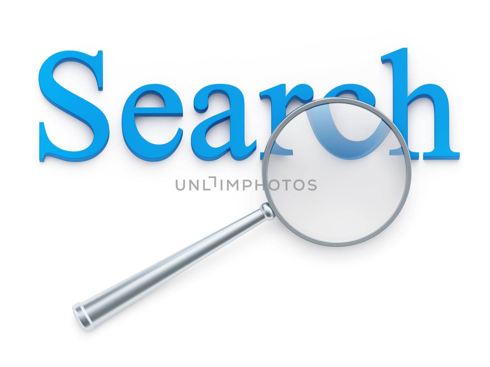 Magnification glass over "search" word on white background