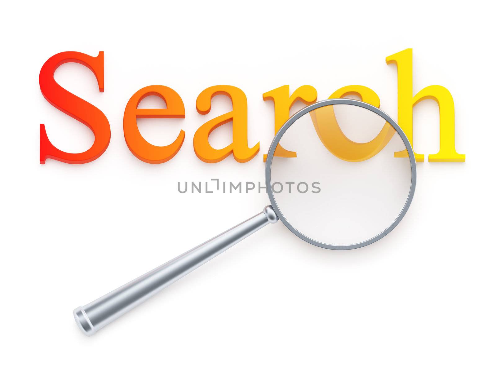 Magnification glass over "search" word on white background