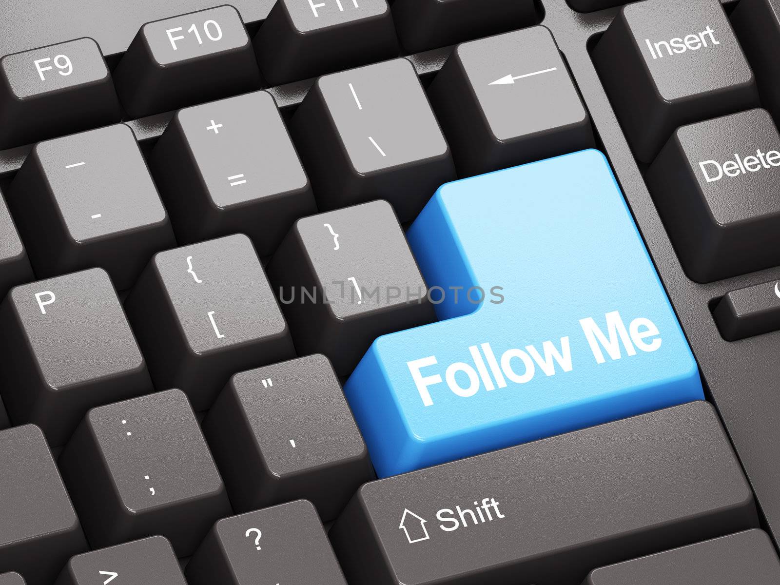 Black keyboard with blue Follow Me button, social network concept