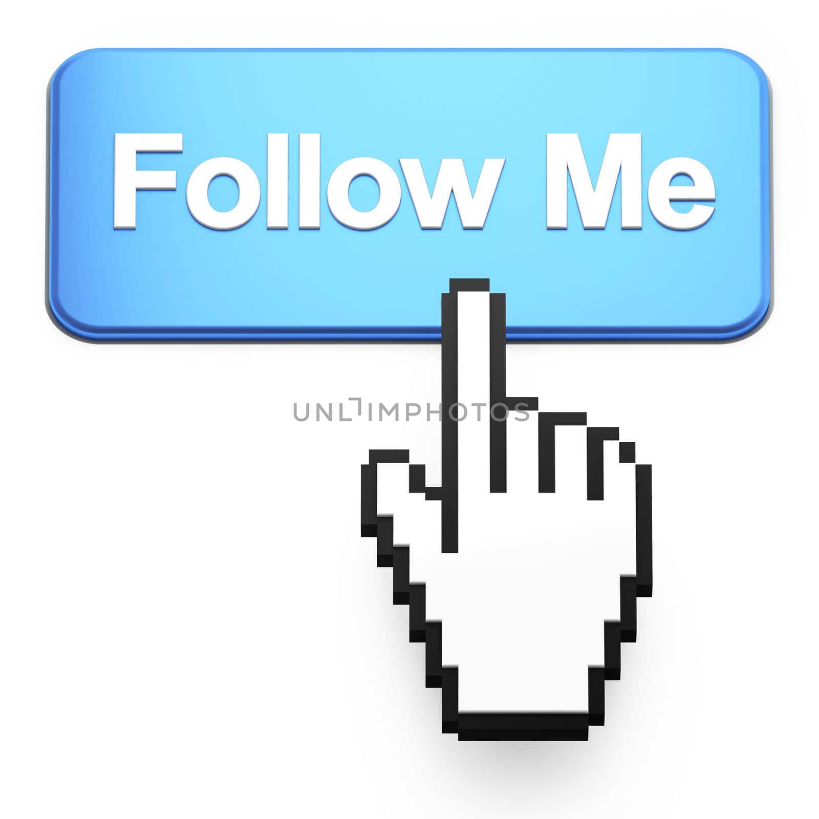 Hand-shaped mouse cursor press Follow Me button on dark background