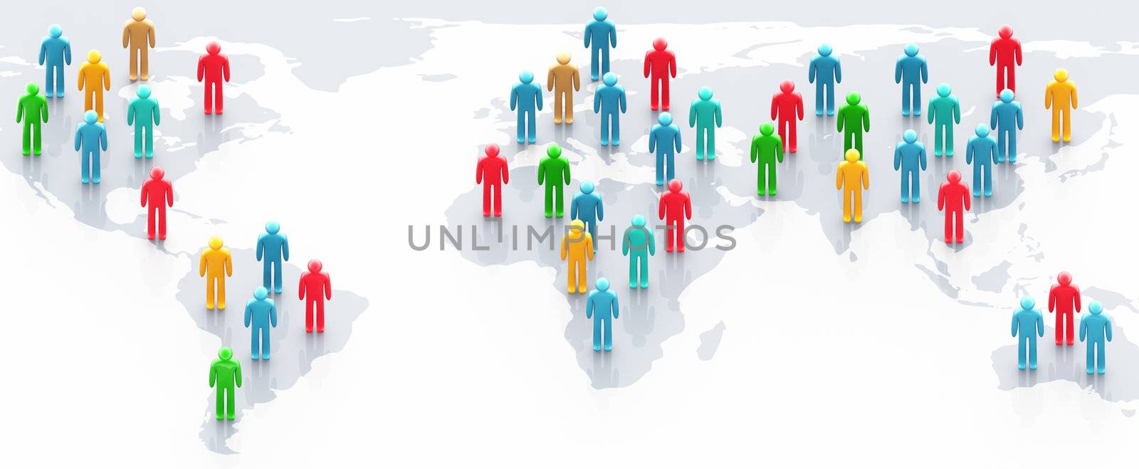 Social network concept: multicolor people over world map