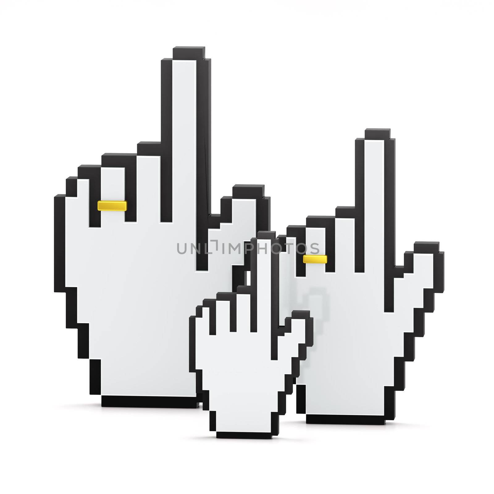 E-family concept: two large cursors with wedding rings on fingers, and small one