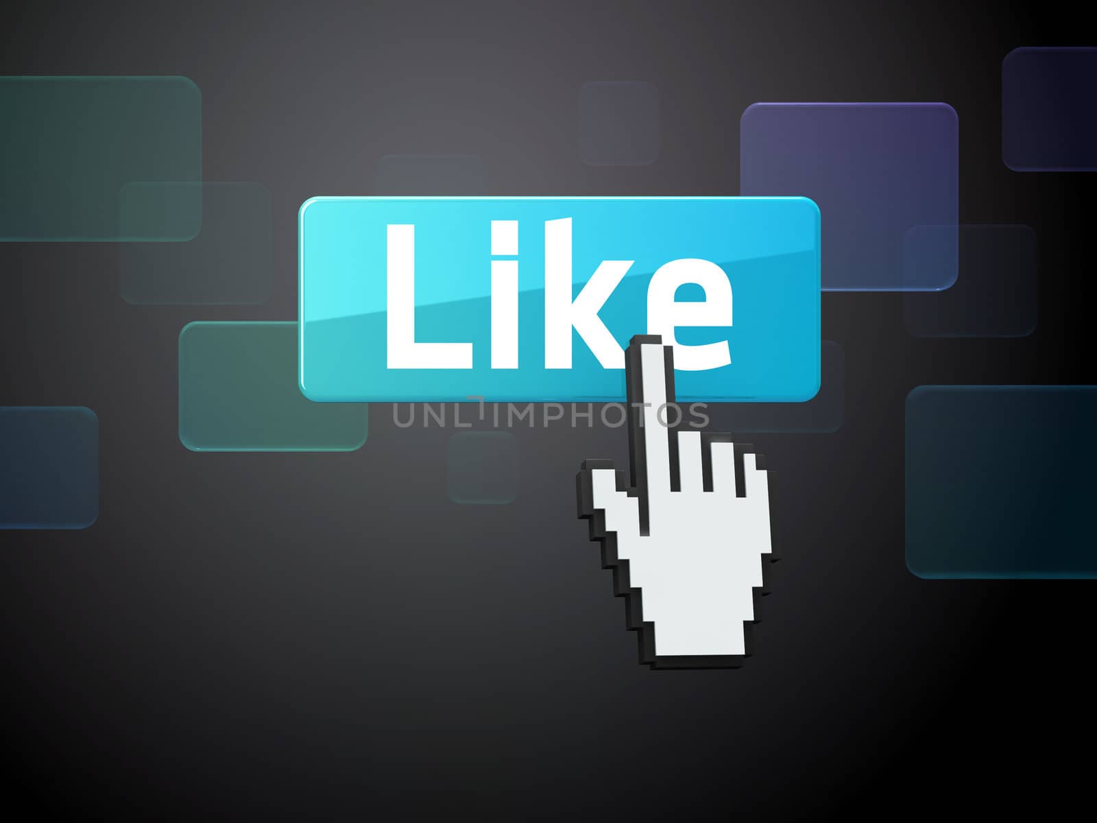 Hand-shaped mouse cursor press Like button on dark background