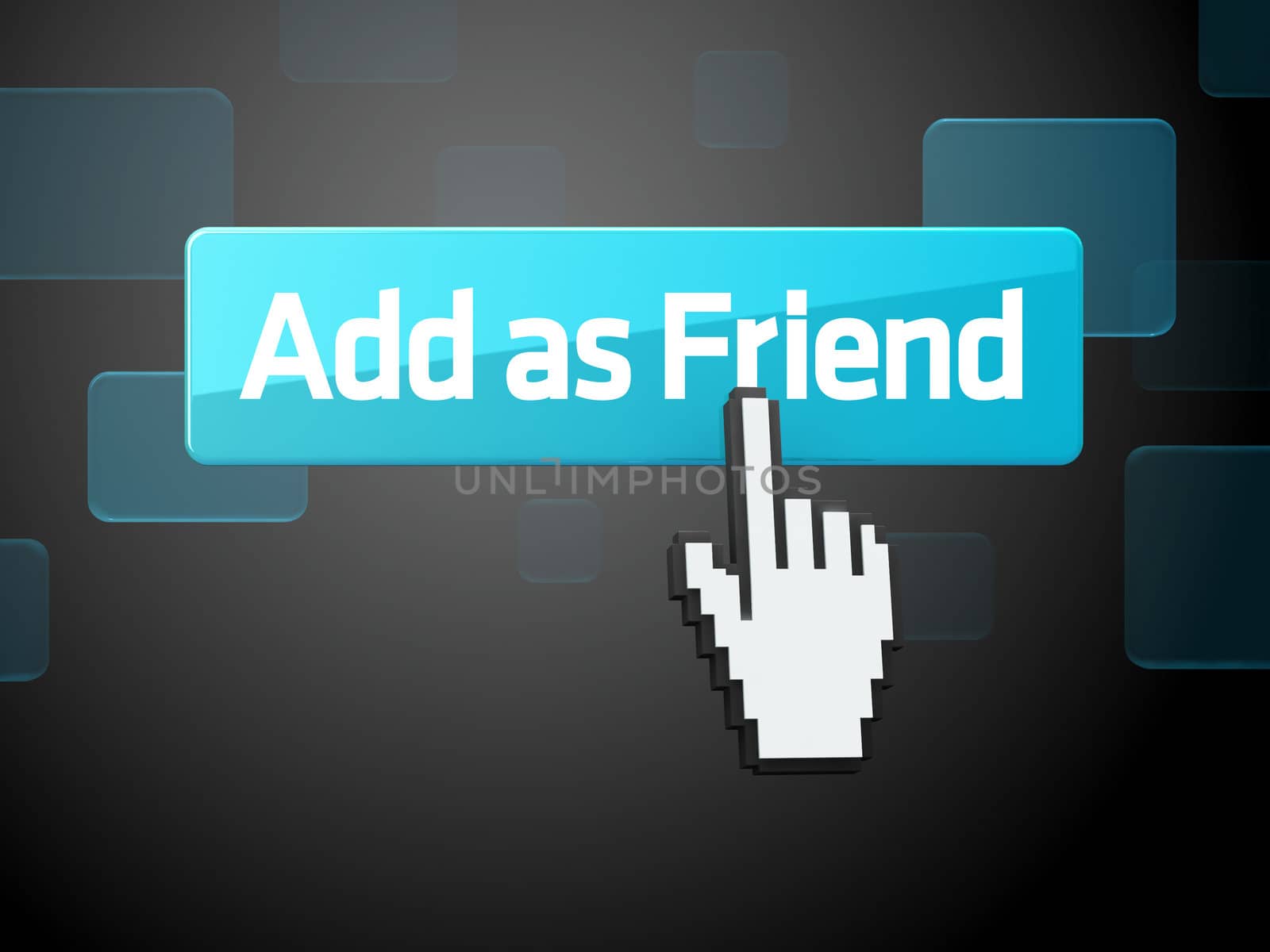 Hand-shaped mouse cursor press Add As Friend button on dark background